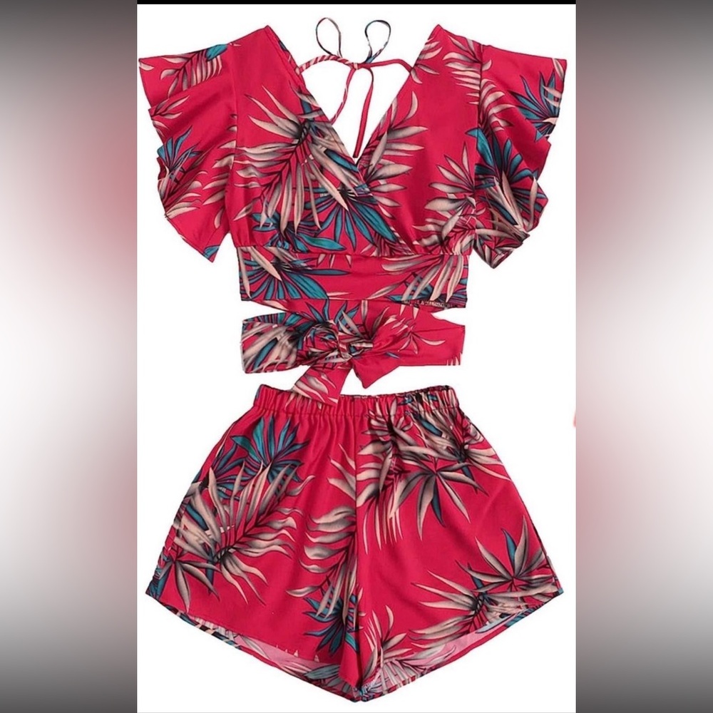 2 Piece Boho Butterfly Sleeve Crop Top Set